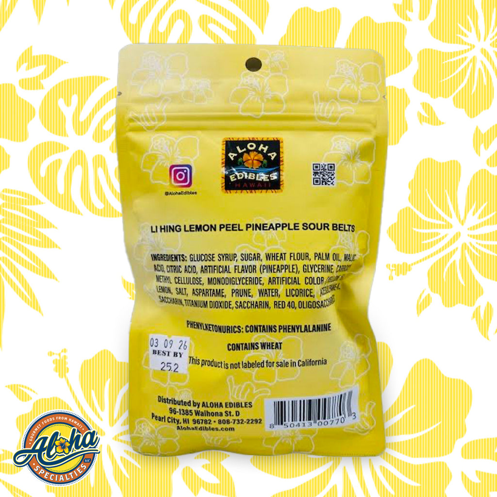 Aloha Edibles Li Hing Lemon Peel Pineapple Sour Belts Information Back