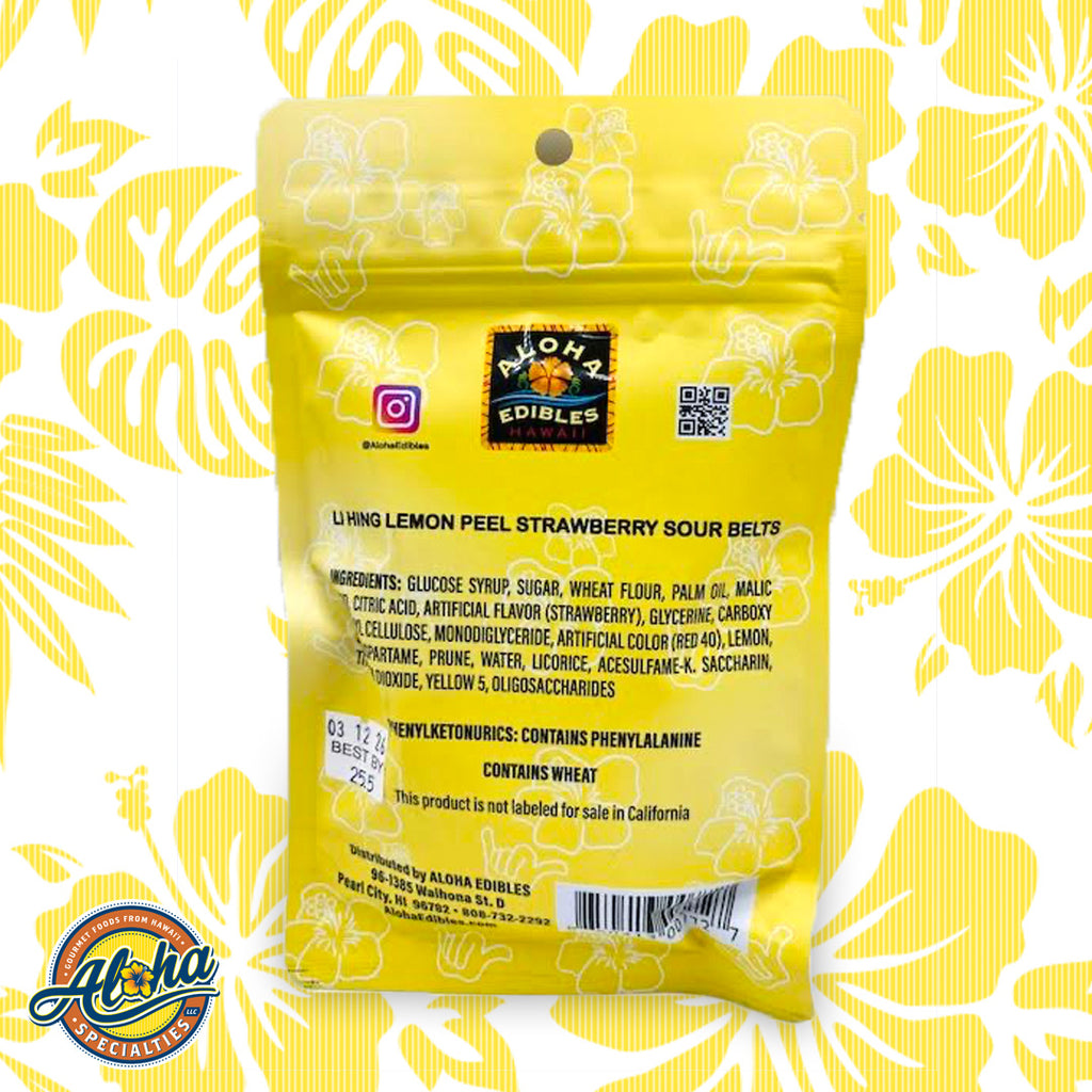 Aloha Edibles Li Hing Lemon Peel Strawberry Sour Belts Information