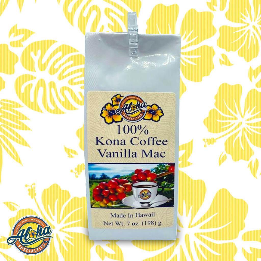 100% Kona Coffee Vanilla Mac Flavor Medium Roast 7oz. Bag from Aloha Specialties