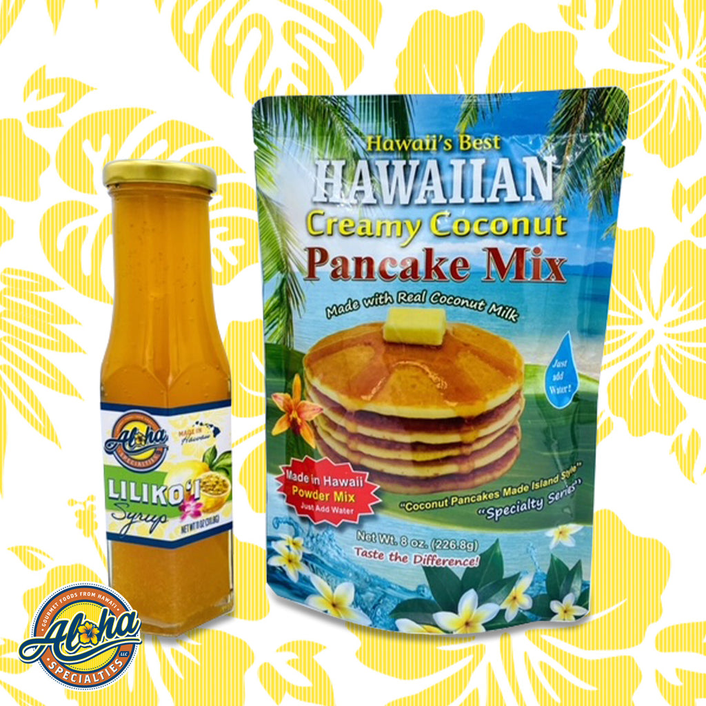 Hawaii's Best Hawaiian Creamy Coconut Pancake Mix with Aloha Specialties Lilikoi Syrup