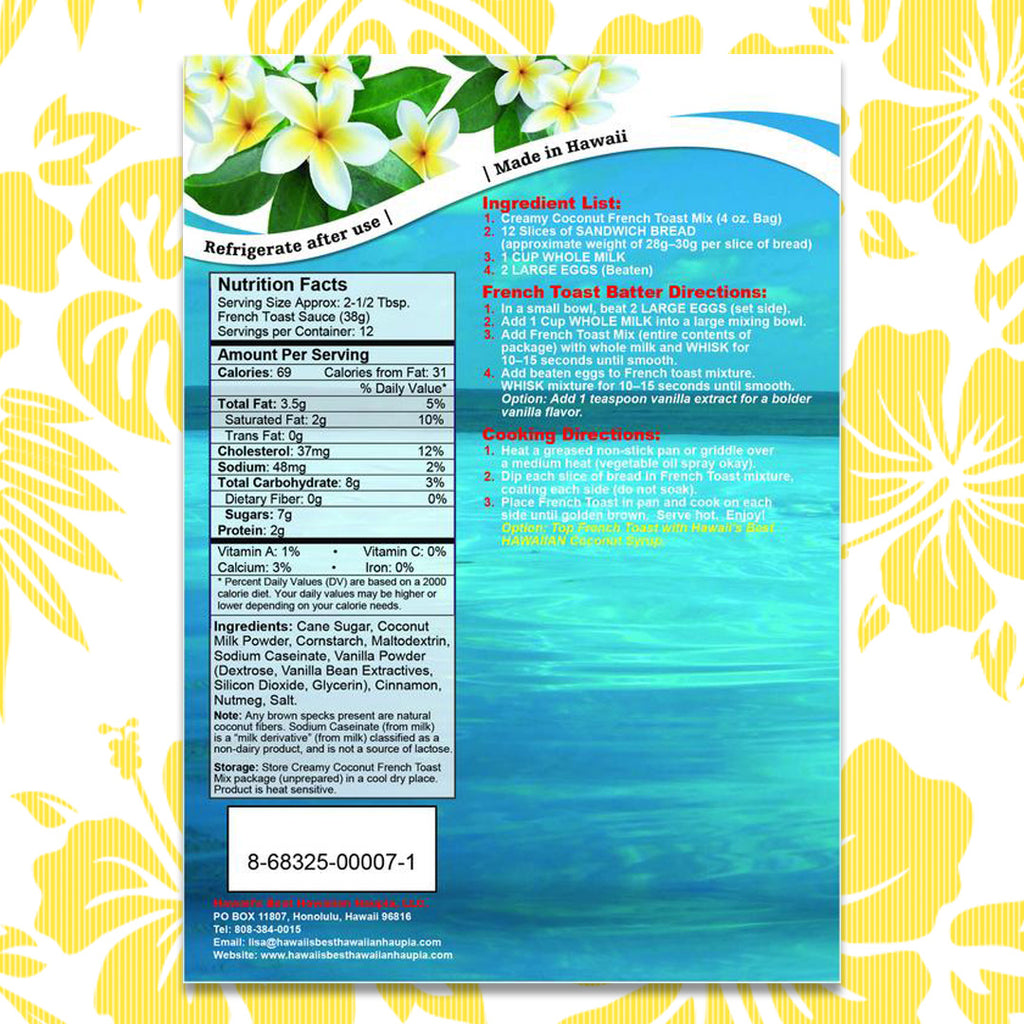 Hawaii's Best Hawaiian Creamy Coconut French Toast Mix Nutritionals and Ingredients