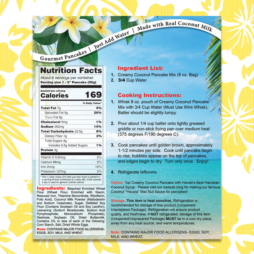 Hawaii's Best Hawaiian Creamy Coconut Pancake Mix Nutritional Information and Ingredients